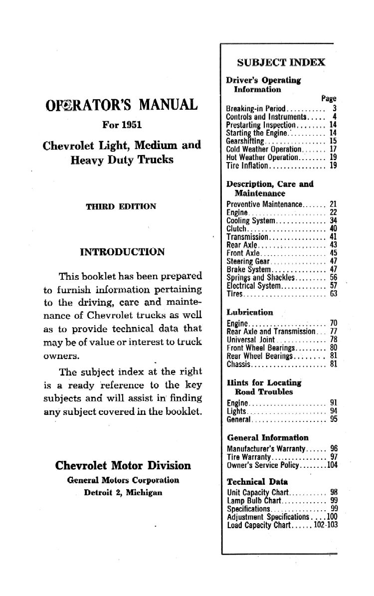 1951 Chevrolet Trucks Operators Manual Page 67